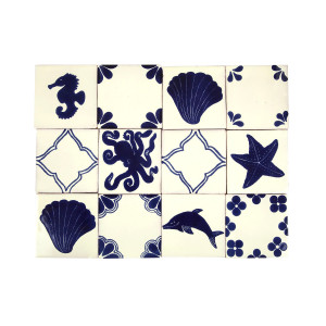 Mariscos - set of tiles in dominant cobalt color - 30 pieces