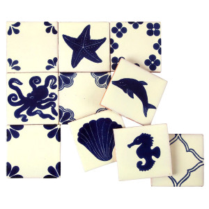 Mariscos - set of tiles in dominant cobalt color - 30 pieces