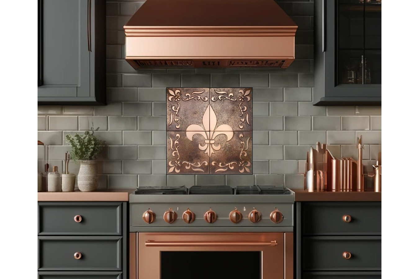 Copper wall tiles with Fleur de lis pattern